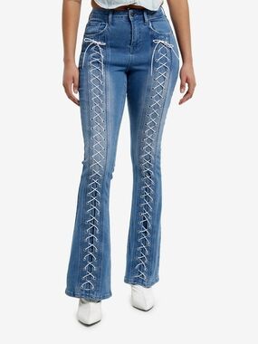 Hot Topic Blue Lace-Up Flare Jeans with White Laces